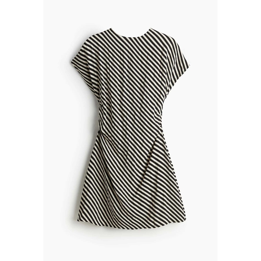 H&M Dress Womens XS Black Ivory Striped Nautical Tapered Waist Mini Ruched Shift